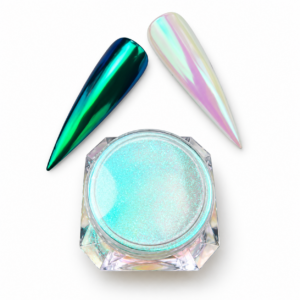 Lucky chrome powder with two nail swatches showing green-blue chrome over black and pink iridescence over white.