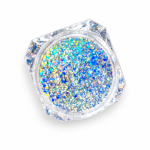 Galaxy Chrome silver holographic nail art with rainbow reflections