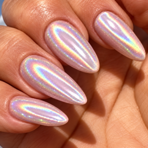Rainbow holographic chrome nail powder on pink almond-shaped nails