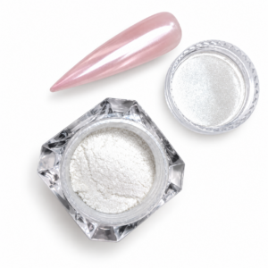 Snow Chrome pearly white nail powder beside a pink stiletto swatch showing a glazed donut chrome finish.