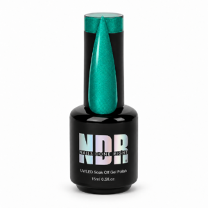 Emerald Eyes green shimmer gel polish by Nails Done Right, shown with a glossy emerald-teal nail swatch.