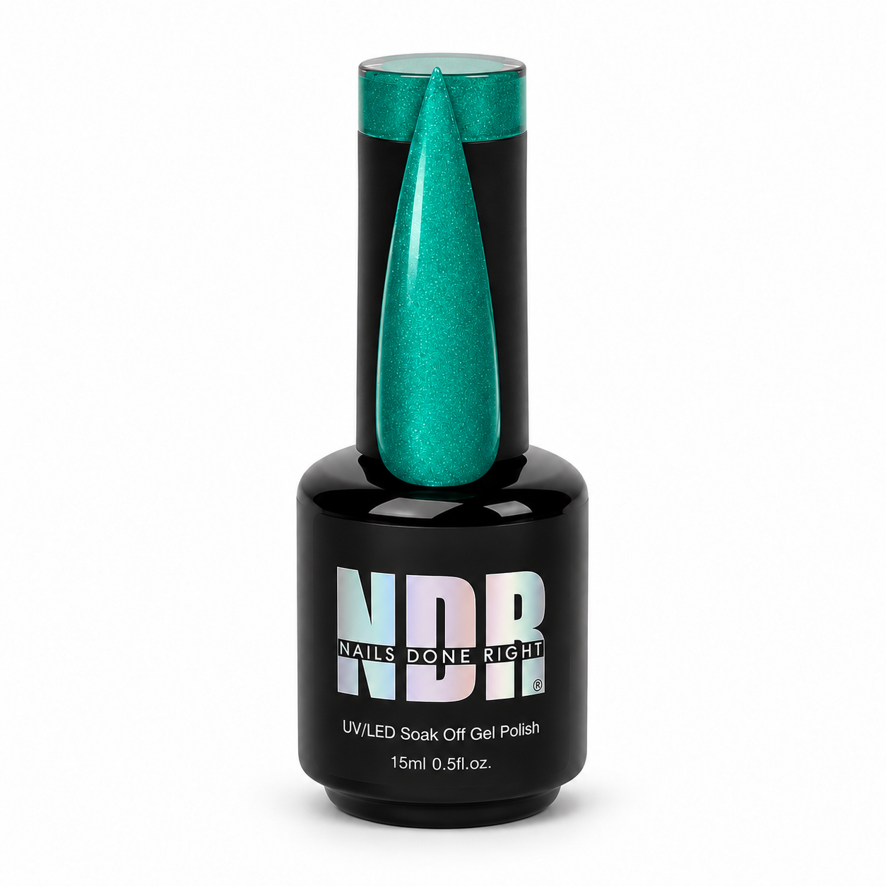Emerald Eyes green shimmer gel polish by Nails Done Right, shown with a glossy emerald-teal nail swatch.