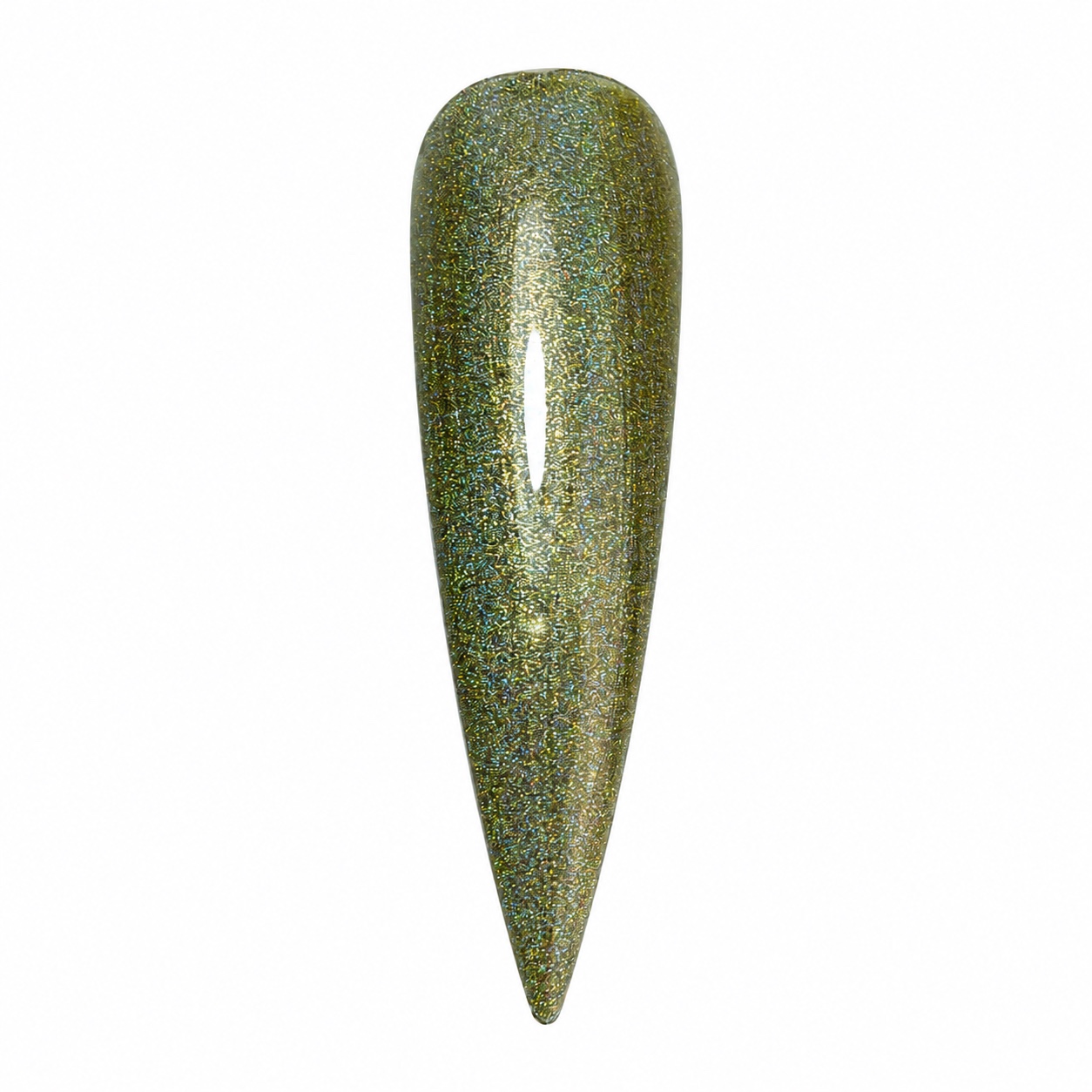 Lucky Holo olive-green holographic gel polish swatch with golden tones and rainbow sparkle