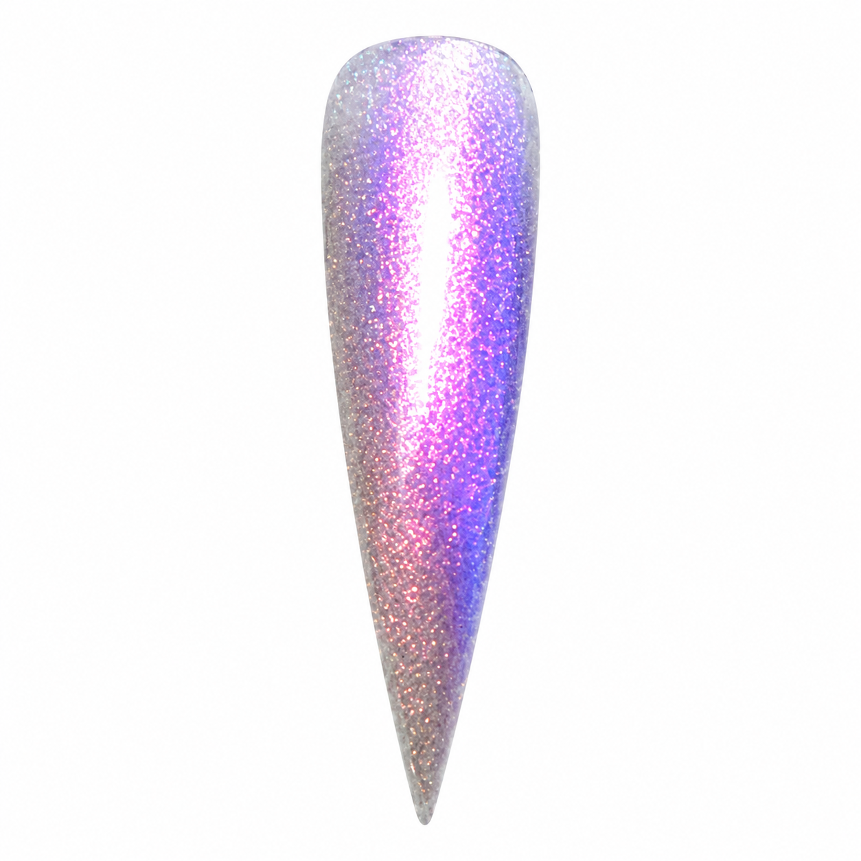 Majestic purple cat eye gel polish worn alone, showing its sheer base and copper shimmer on a pointed nail swatch.