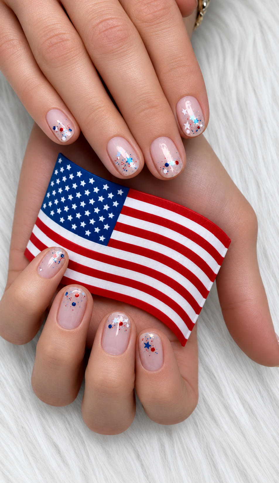 Short rounded nails with red, white and blue star glitter over a sheer pink base, posed around an American flag.