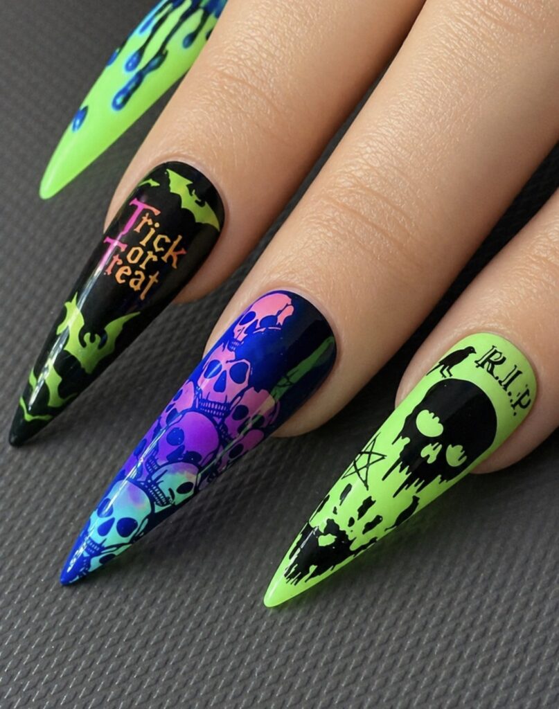 Halloween nail art with neon green, purple, blue and black gel polish