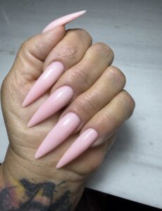 Long pink stiletto nails created with Ballerina Universal Builder Gel