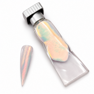Fire Chrome nail powder in a clear container beside a translucent nail swatch with a peachy pink iridescent sheen on a white background.
