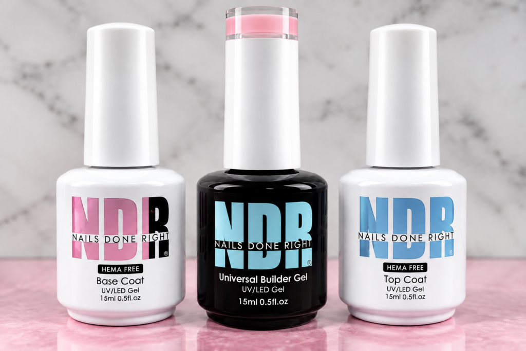 HEMA-free nail products for nail techs with base coat, builder gel and top coat