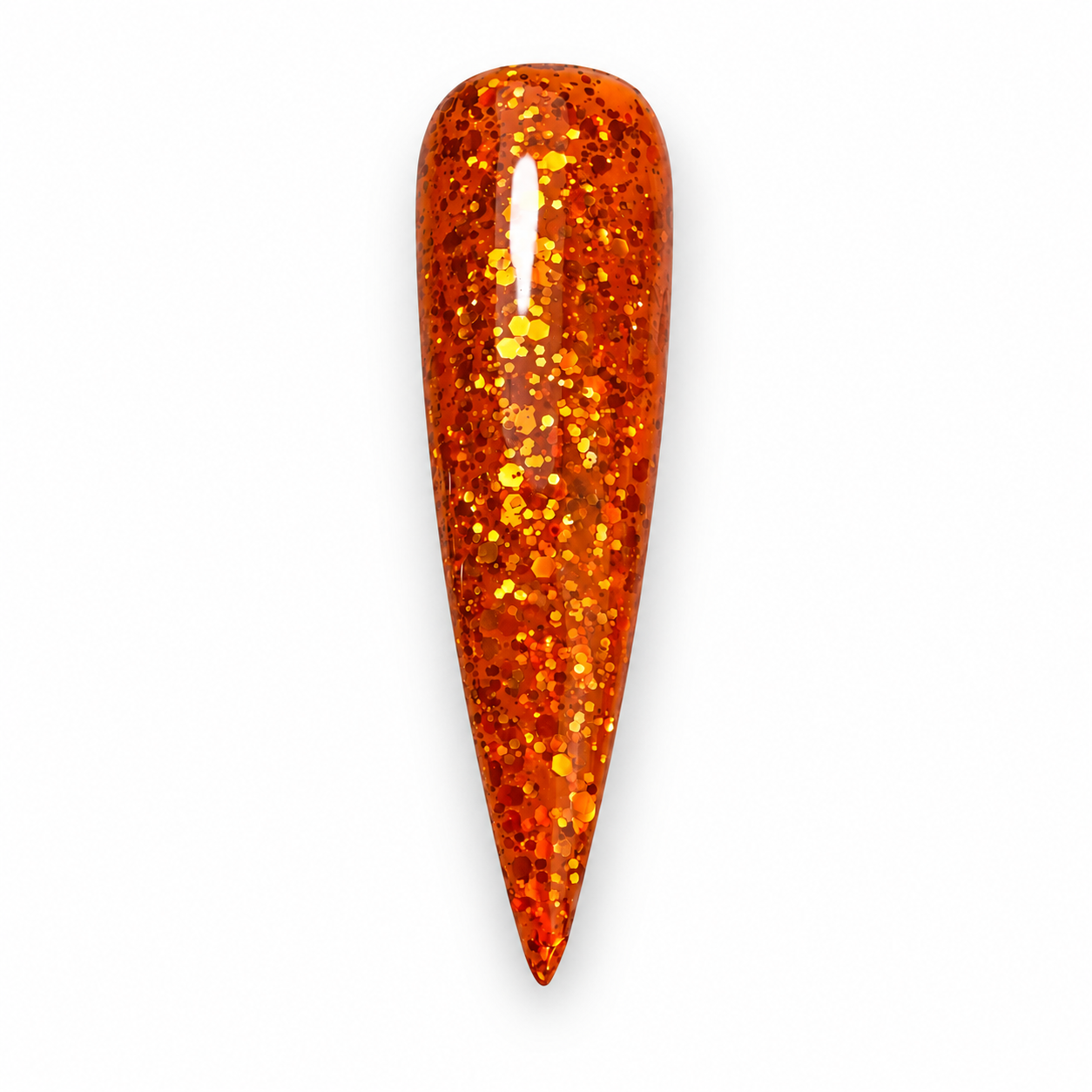 Showgirl orange glitter gel polish swatch with gold and copper chunky glitter on a white background