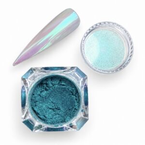 Mermaid Chrome nail powder with iridescent aqua, turquoise and violet finish