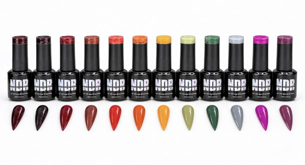 Twelve Nails Done Right Perfect Fall Collection gel polish bottles lined up together.