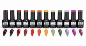 Twelve Nails Done Right Perfect Fall Collection gel polish bottles lined up together.