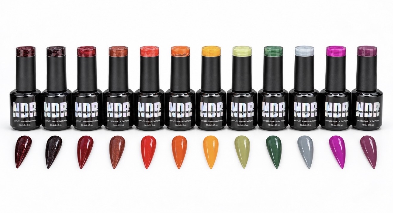 Twelve Nails Done Right Perfect Fall Collection gel polish bottles lined up together.
