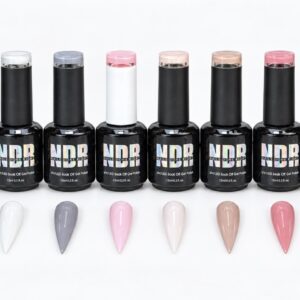 Complete French gel polish collection with ten pink nude gray and white nail swatches