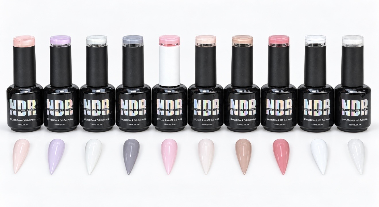 Complete French gel polish collection with ten pink nude gray and white nail swatches