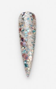 Slim Sadie rose gold and turquoise chunky glitter gel polish swatch on a white background
