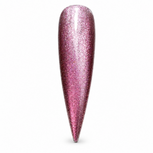 Candy Cane Kisses pink cat eye gel polish on a stiletto swatch with luminous shimmer against a white background