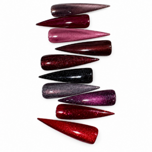 Ten Dark & Lovely fall gel polish set swatches in brown, burgundy, mauve, black, plum and red on a white background.