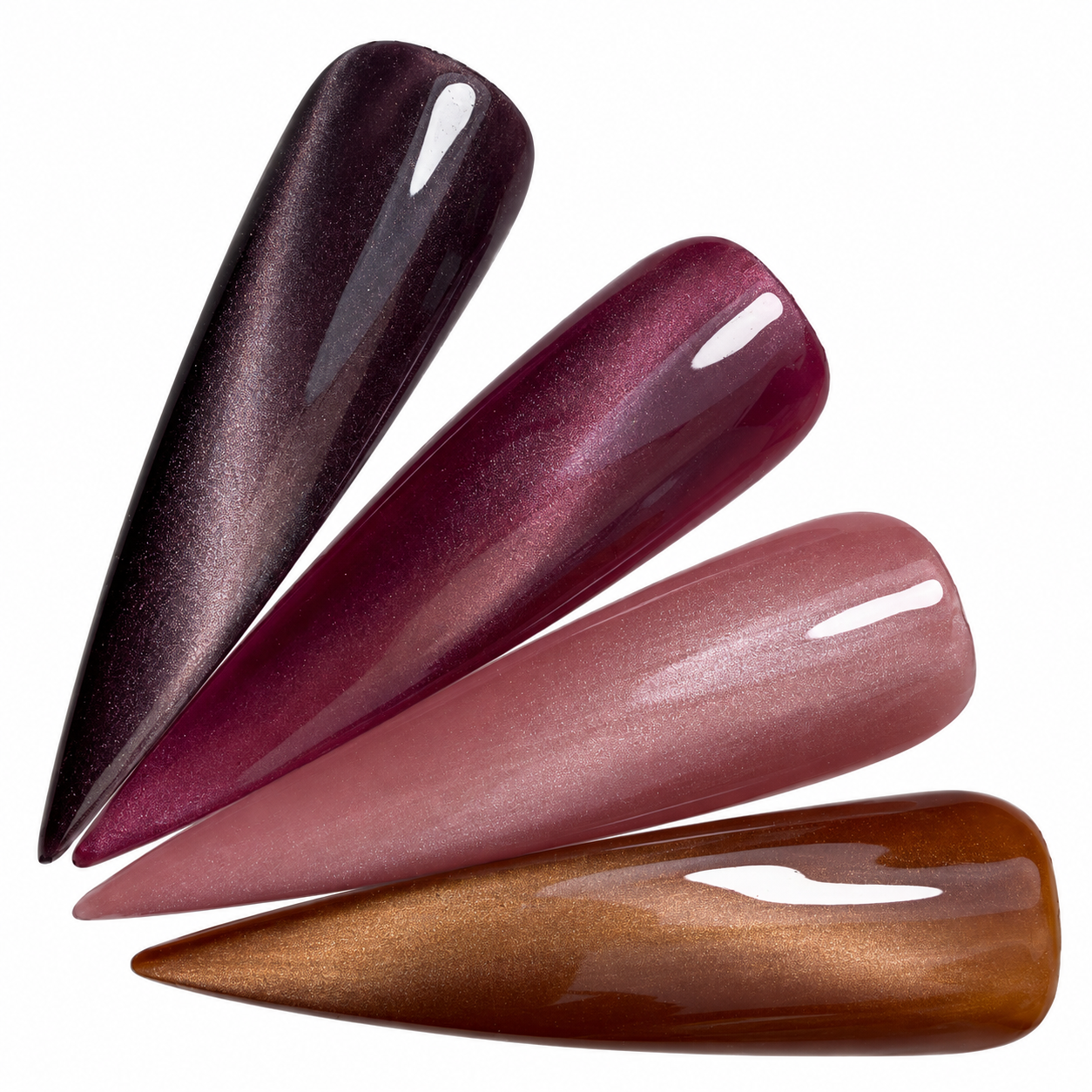 Four fall cat eye gel swatches on white: Gimme S’mores, Mauvelous, Bliss, and Cheegle, from top to bottom.