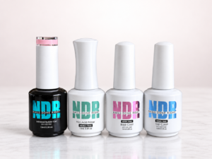 Four Nails Done Right HEMA-free gel essentials: Ballerina builder gel, non-acid primer, base coat, and no-wipe top coat
