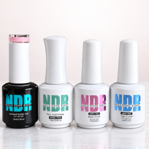 Four Nails Done Right HEMA-free gel essentials: Ballerina builder gel, non-acid primer, base coat, and no-wipe top coat