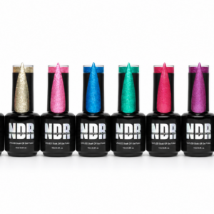 Twelve Nails Done Right gel polish bottles with matching color swatches from the Summer of 2023 Collection, arranged left to right