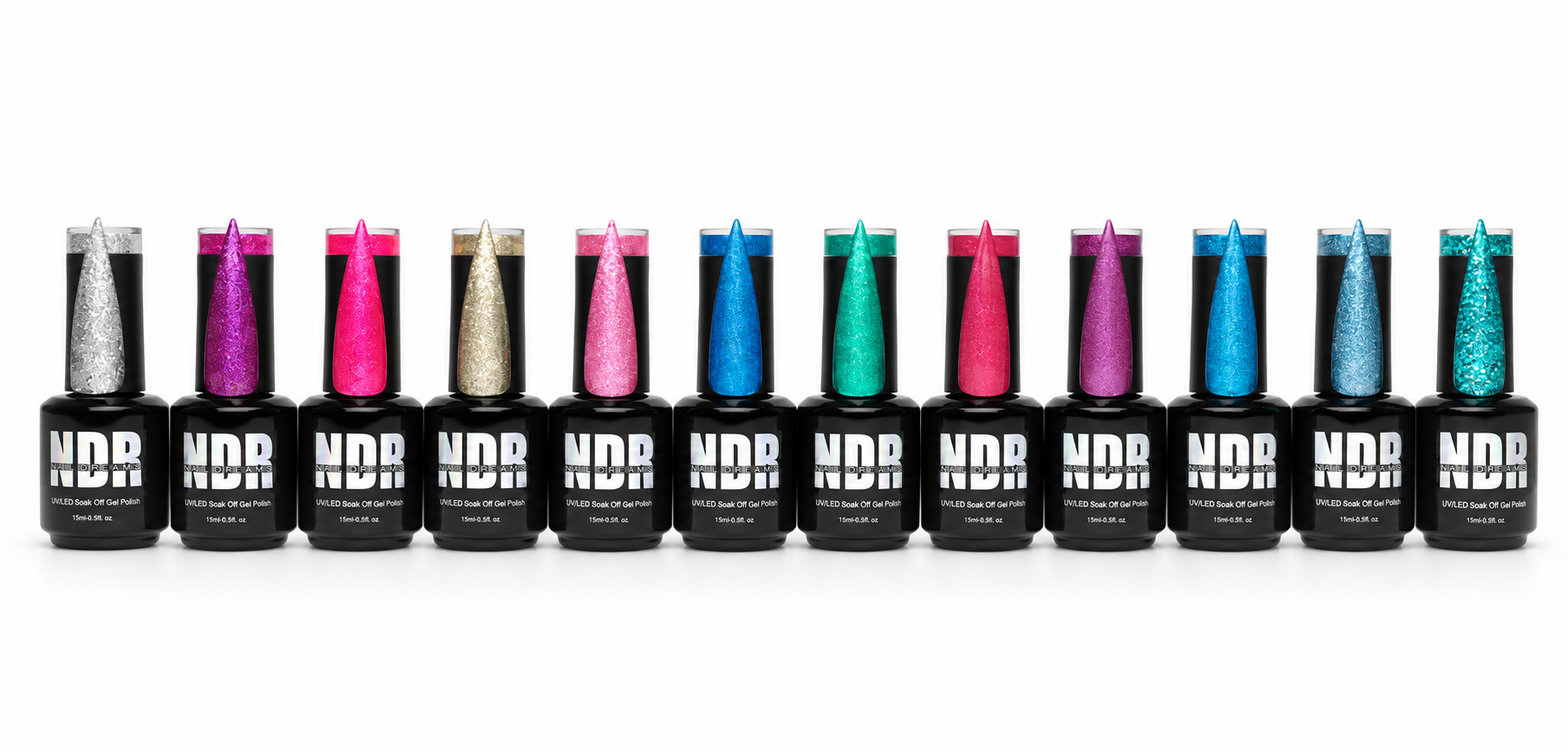 Twelve Nails Done Right gel polish bottles with matching color swatches from the Summer of 2023 Collection, arranged left to right