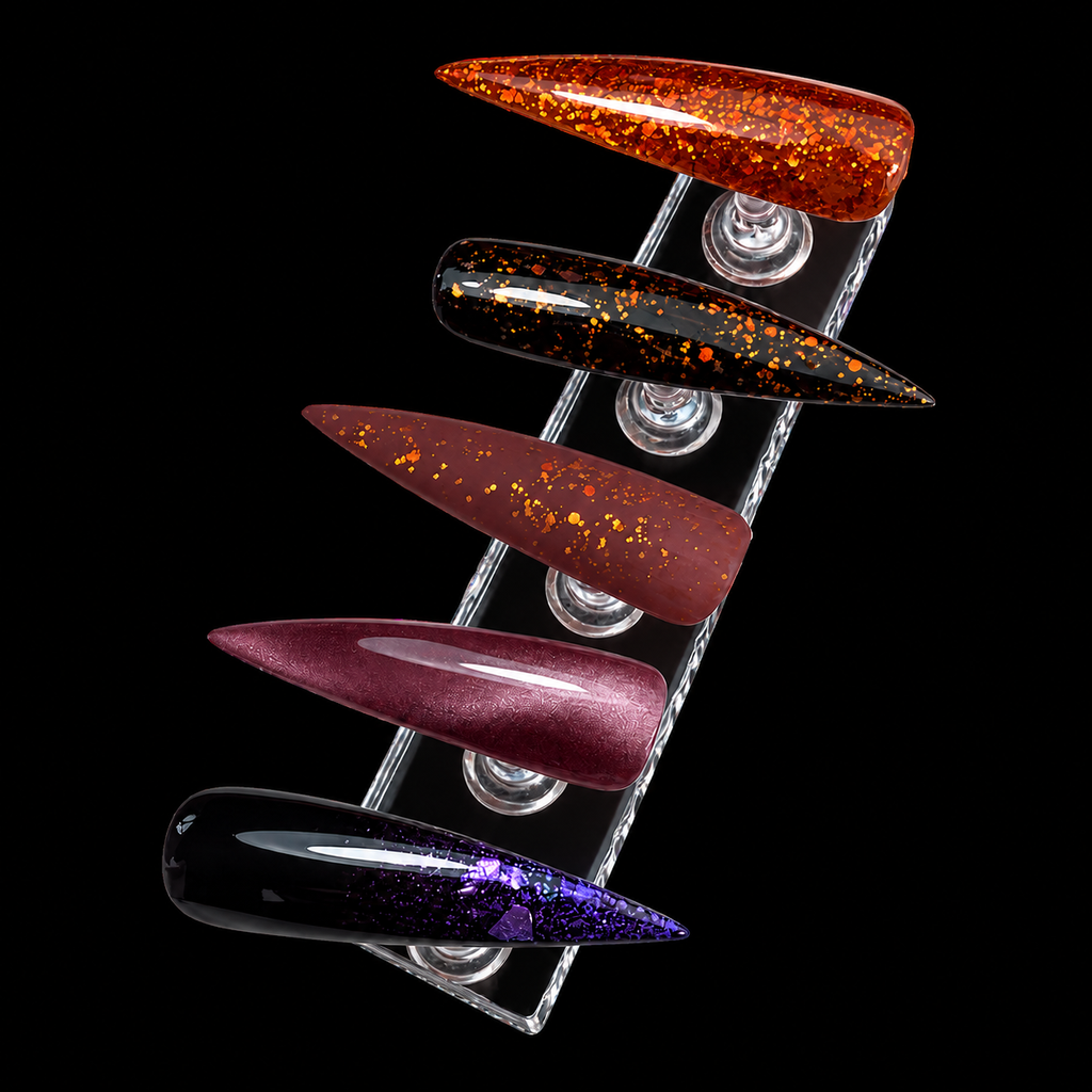 Five October NDR Pro Membership nail swatches on a clear display strip against a black background, showing Showgirl, Mauvelous, Wednesday, and layered combinations.