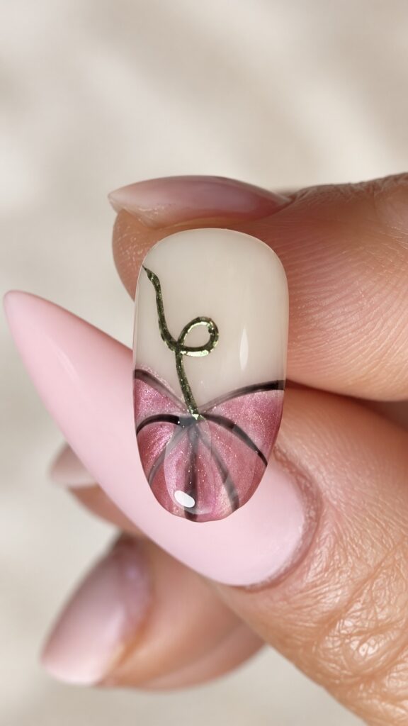 Halloween pumpkin painted with Peppermint Swirl pink cat eye gel polish