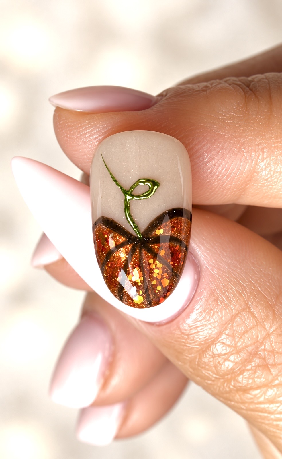 Pumpkin nail art featuring Showgirl orange glitter, Wednesday black outlines, and a curled green Lucky chrome stem on a neutral base.