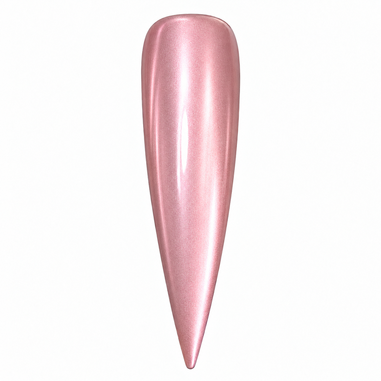Aurora soft pink shimmer gel polish on a pointed nail swatch against a white background