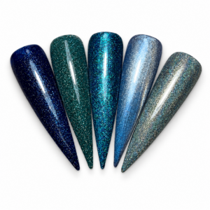 Five stiletto nail swatches in navy, teal, turquoise, icy blue, and smoky blue-green with glitter and cat eye finishes.
