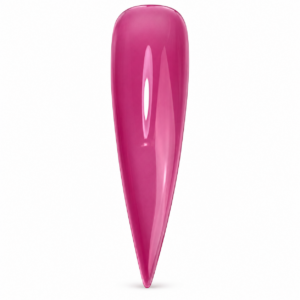 Glossy translucent cherry-pink gel polish on a tapered nail swatch against a white background