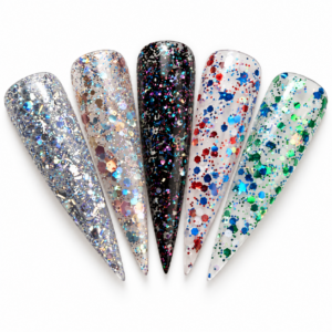 Five stiletto nail swatches showing silver holographic glitter, rose gold iridescent glitter, black multicolor glitter, red and blue confetti, and green and blue glitter.
