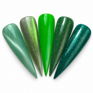 Five green stiletto nail swatches showing sage shimmer, lime cat eye, glossy neon green, forest green glitter, and sparkling teal.