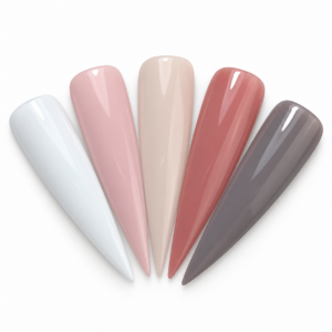 Five glossy neutral stiletto nail swatches in soft white, blush pink, creamy nude beige, dusty rose, and taupe gray.