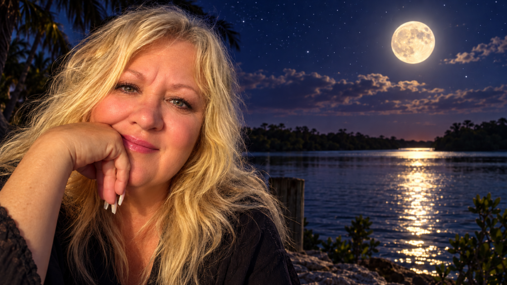 LINDA Reyes smiling beside a river beneath a full moon and starry night sky.