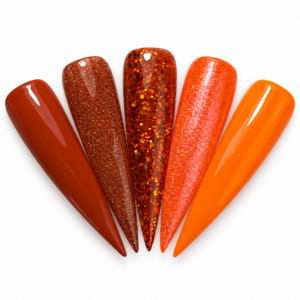 Five orange stiletto nail swatches showing burnt orange, copper glitter, chunky amber glitter, orange shimmer, and glossy bright orange.