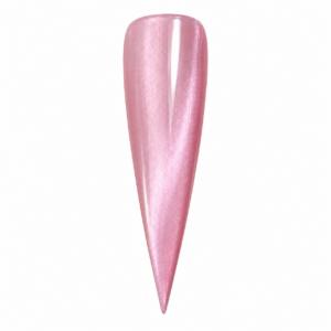Long pointed nail swatch of Peppermint Swirl light pink cat eye gel polish with luminous shimmer on a white background