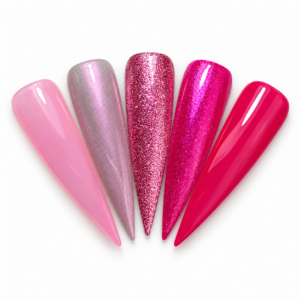 Five pink gel polish stiletto swatches showing soft pink, shimmering cat eye, rose glitter, hot pink shimmer, and glossy bright pink.