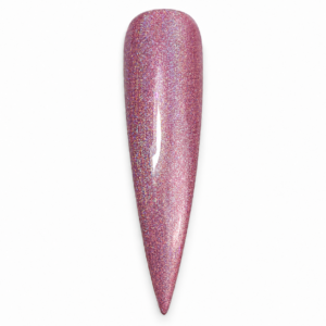 Pinky Holo rosy pink holographic gel polish on a pointed nail swatch against a white background