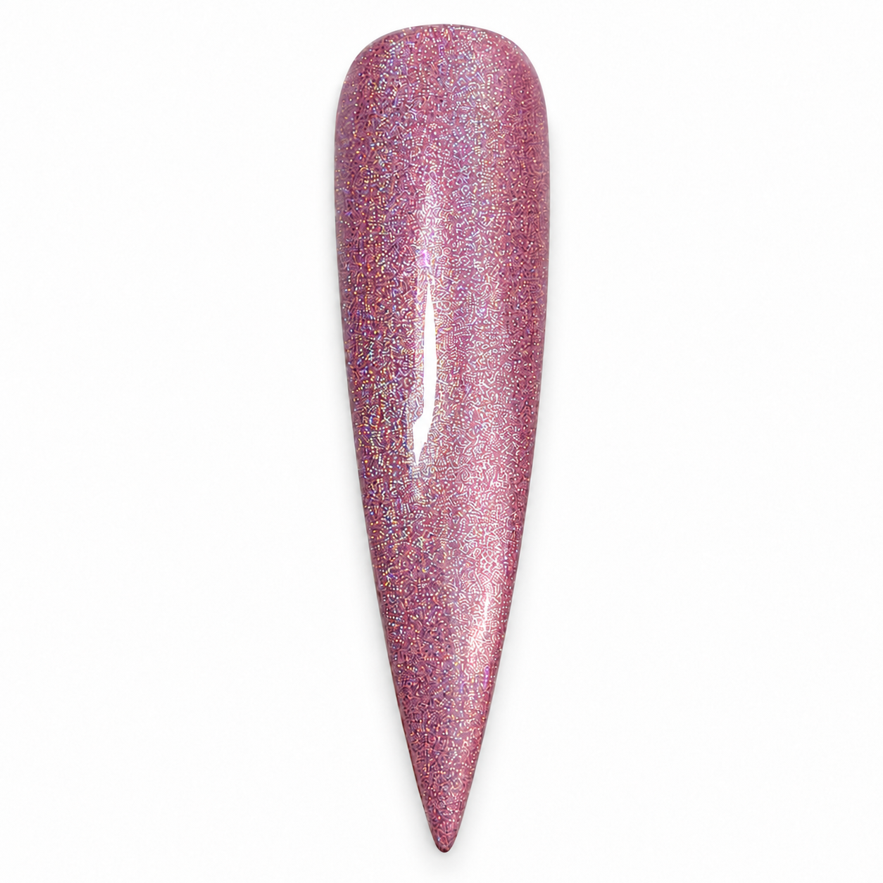 Pinky Holo rosy pink holographic gel polish on a pointed nail swatch against a white background