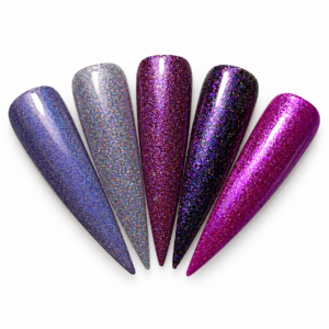 Five purple stiletto nail swatches showing violet shimmer, lavender holographic glitter, plum glitter, dark purple sparkle, and fuchsia shimmer.