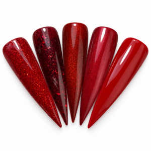 Five red stiletto nail swatches showing ruby glitter, deep burgundy glitter, warm red shimmer, cranberry metallic, and glossy classic red.